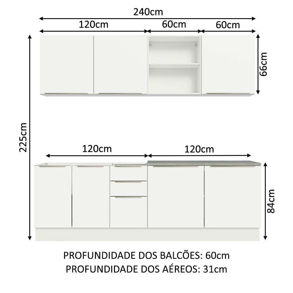 Armário de Cozinha Completa 240cm Branco Veludo Lux Madesa 05