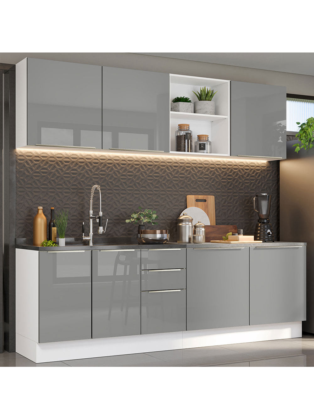Armário de Cozinha Completa 240cm Branco/Cinza Lux Madesa 05 - Branco/Cinza