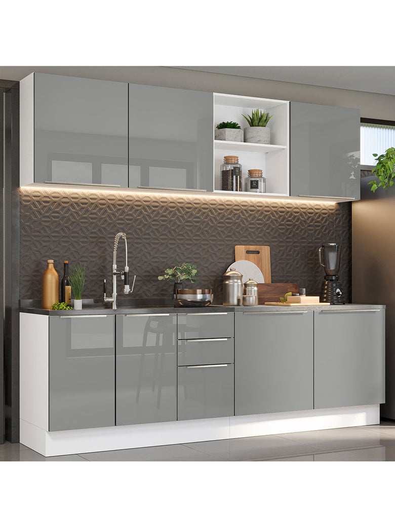 Armário de Cozinha Completa 240cm Branco/Cinza Lux Madesa 05