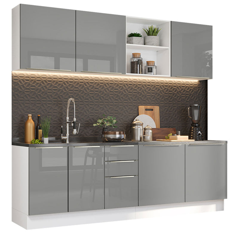 Armário de Cozinha Completa 240cm Branco/Cinza Lux Madesa 05