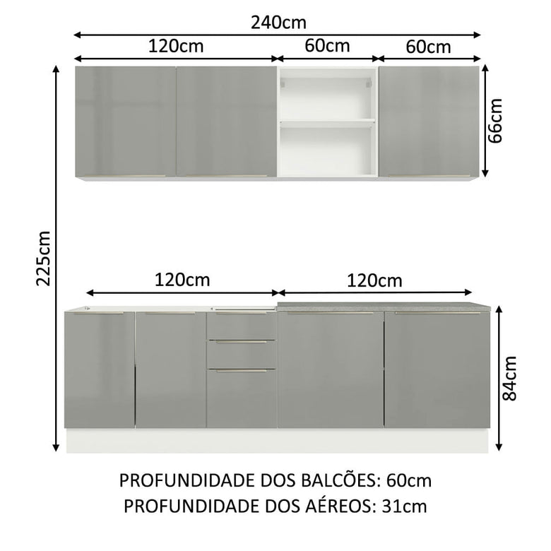 Armário de Cozinha Completa 240cm Branco/Cinza Lux Madesa 05