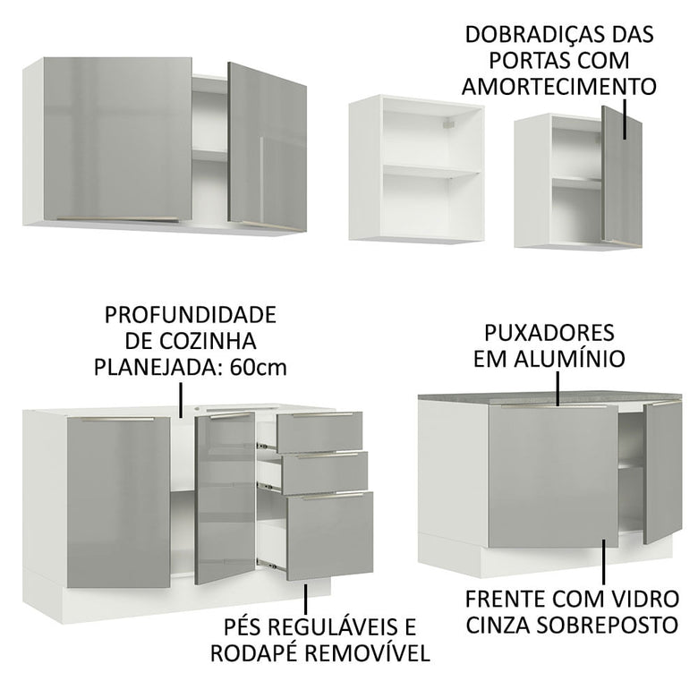 Armário de Cozinha Completa 240cm Branco/Cinza Lux Madesa 05