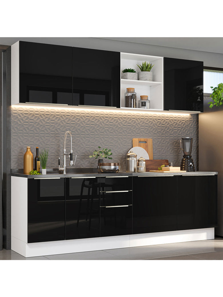 Armário de Cozinha Completa 240cm Branco/Preto Lux Madesa 05