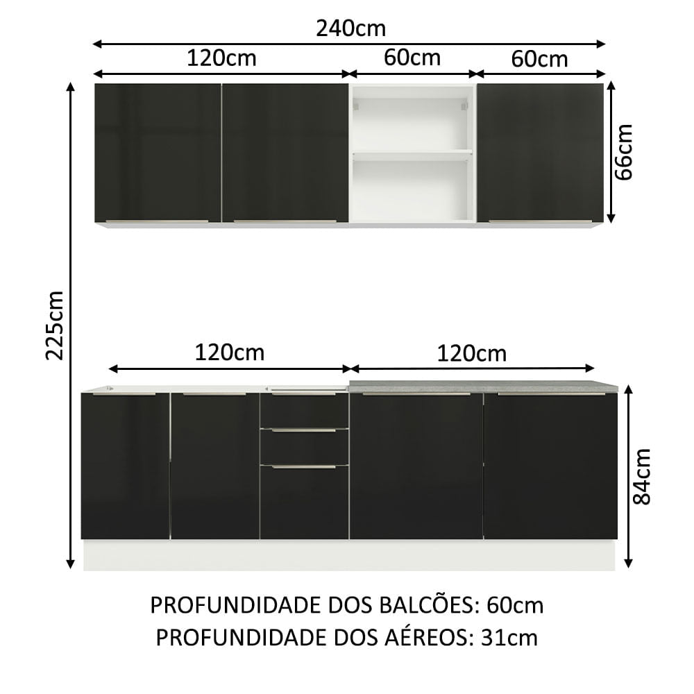 Armário de Cozinha Completa 240cm Branco/Preto Lux Madesa 05