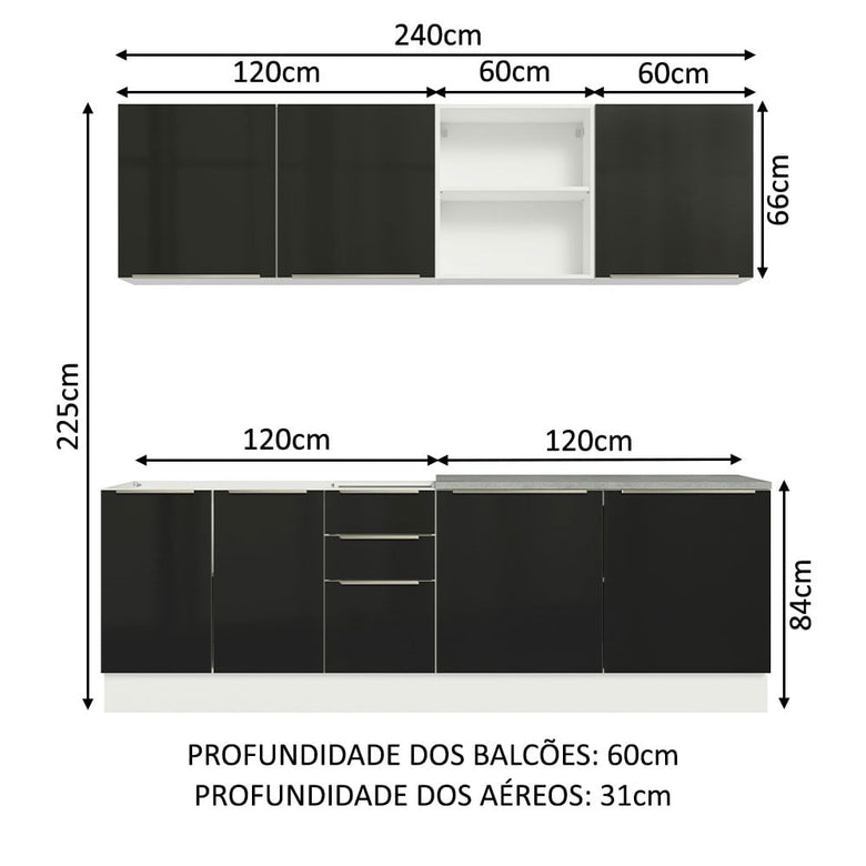 Armário de Cozinha Completa 240cm Branco/Preto Lux Madesa 05