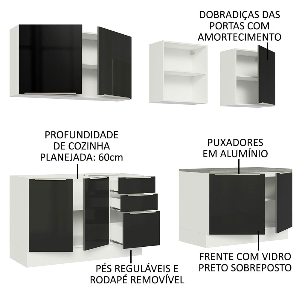 Armário de Cozinha Completa 240cm Branco/Preto Lux Madesa 05