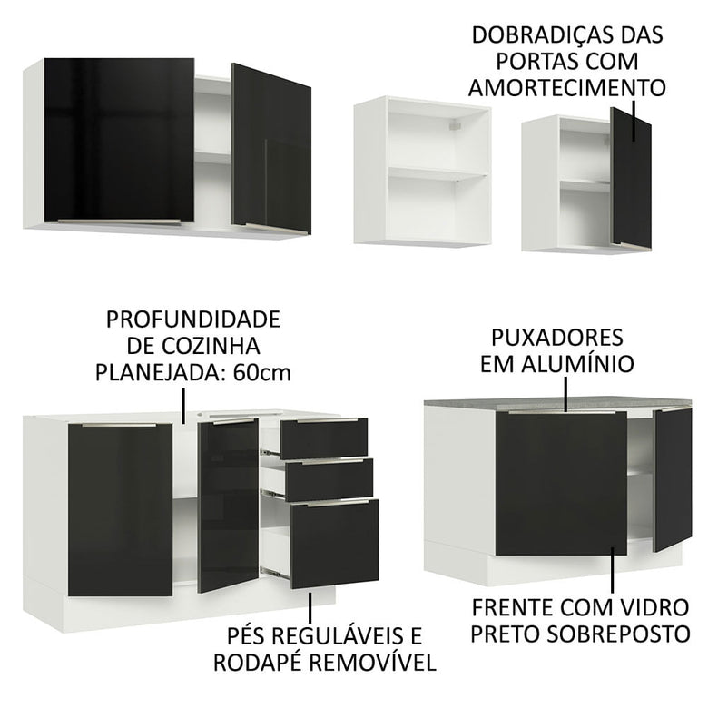 Armário de Cozinha Completa 240cm Branco/Preto Lux Madesa 05