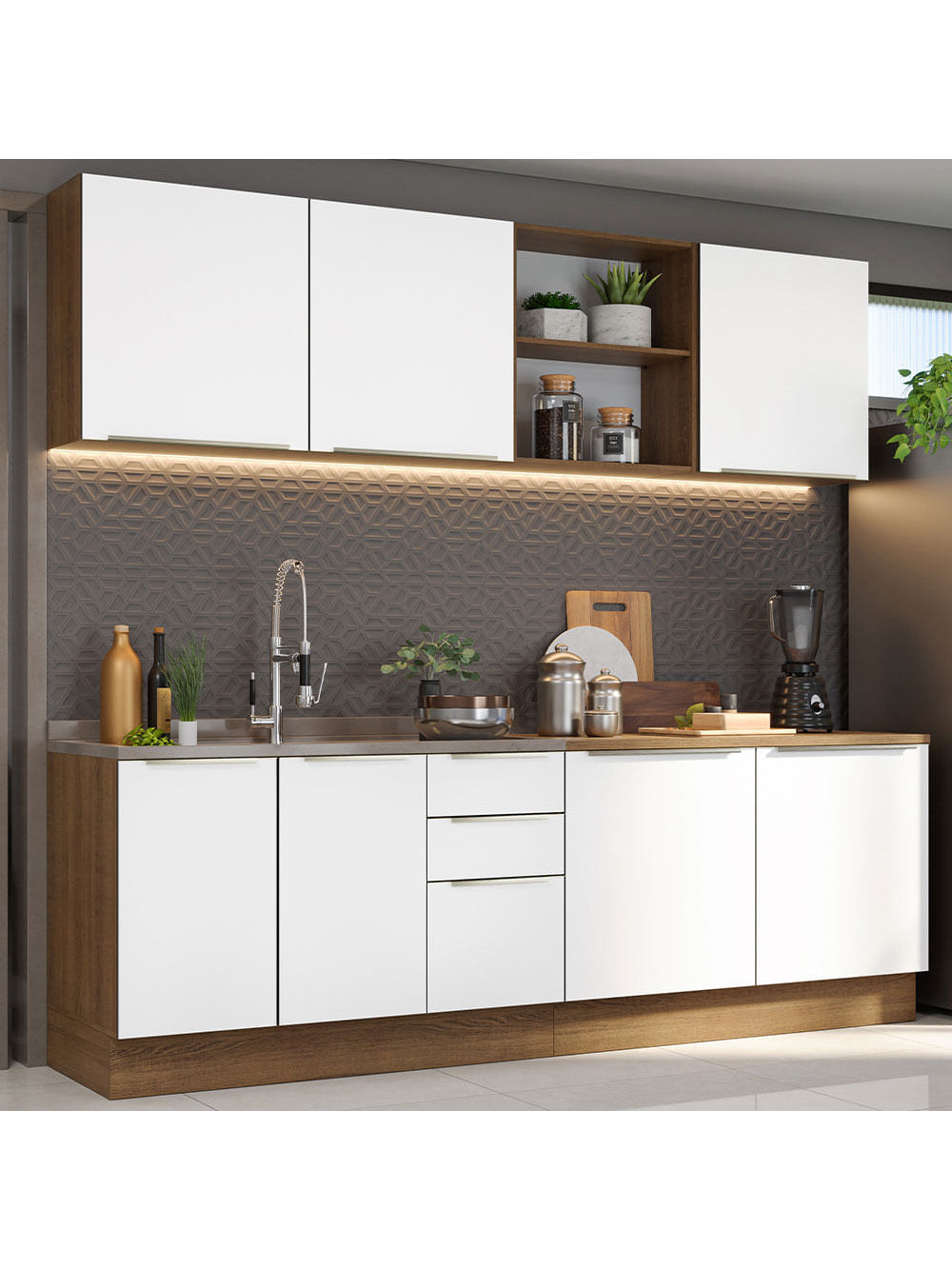 Armário de Cozinha Completa 240cm Rustic/Branco Veludo Lux Madesa 05 - Rustic/Branco Veludo