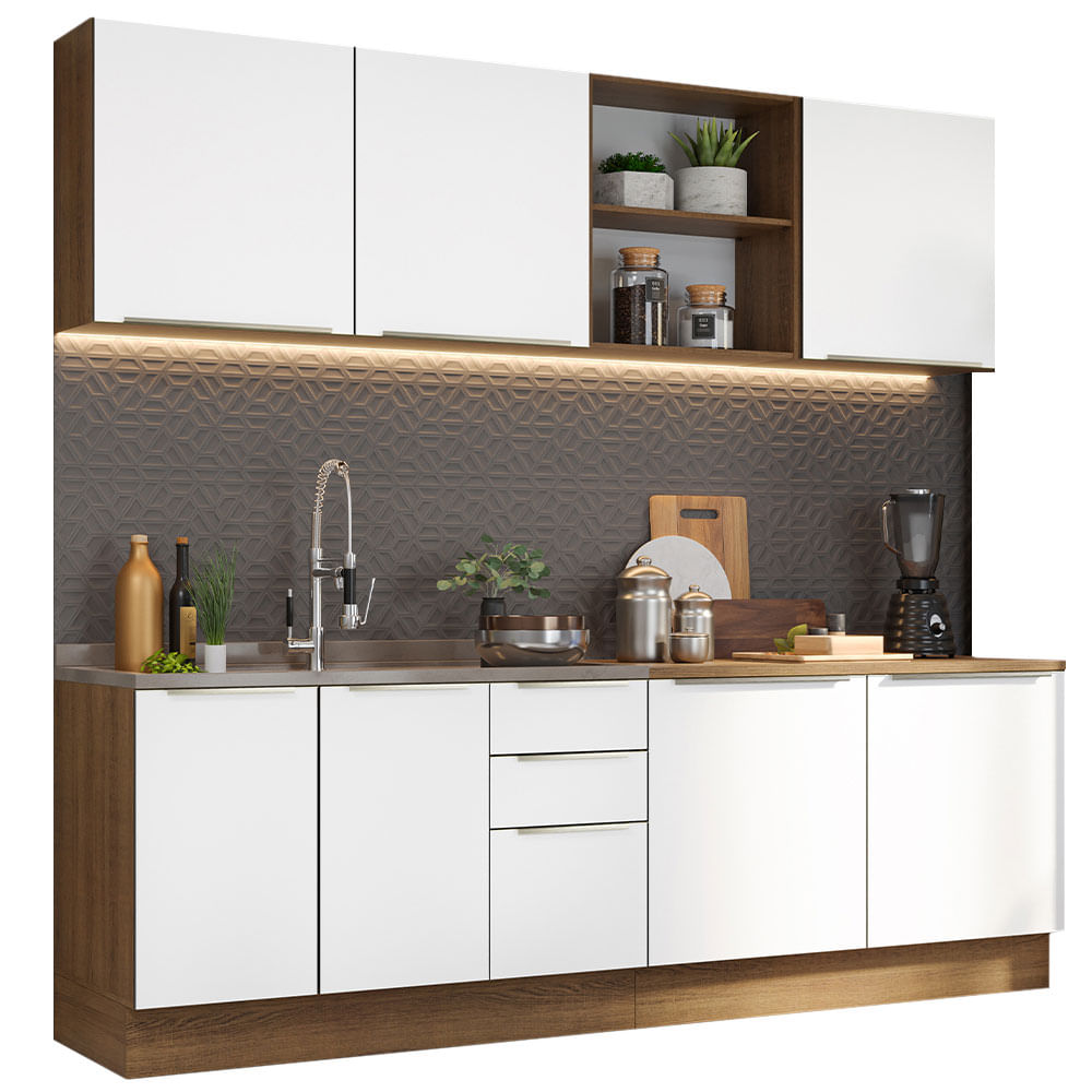 Armário de Cozinha Completa 240cm Rustic/Branco Veludo Lux Madesa 05 - Rustic/Branco Veludo