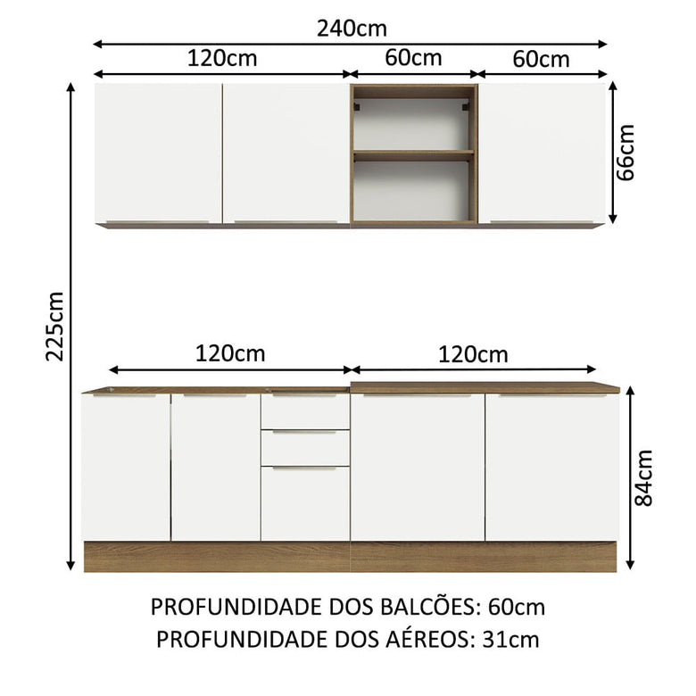 Armário de Cozinha Completa 240cm Rustic/Branco Veludo Lux Madesa 05