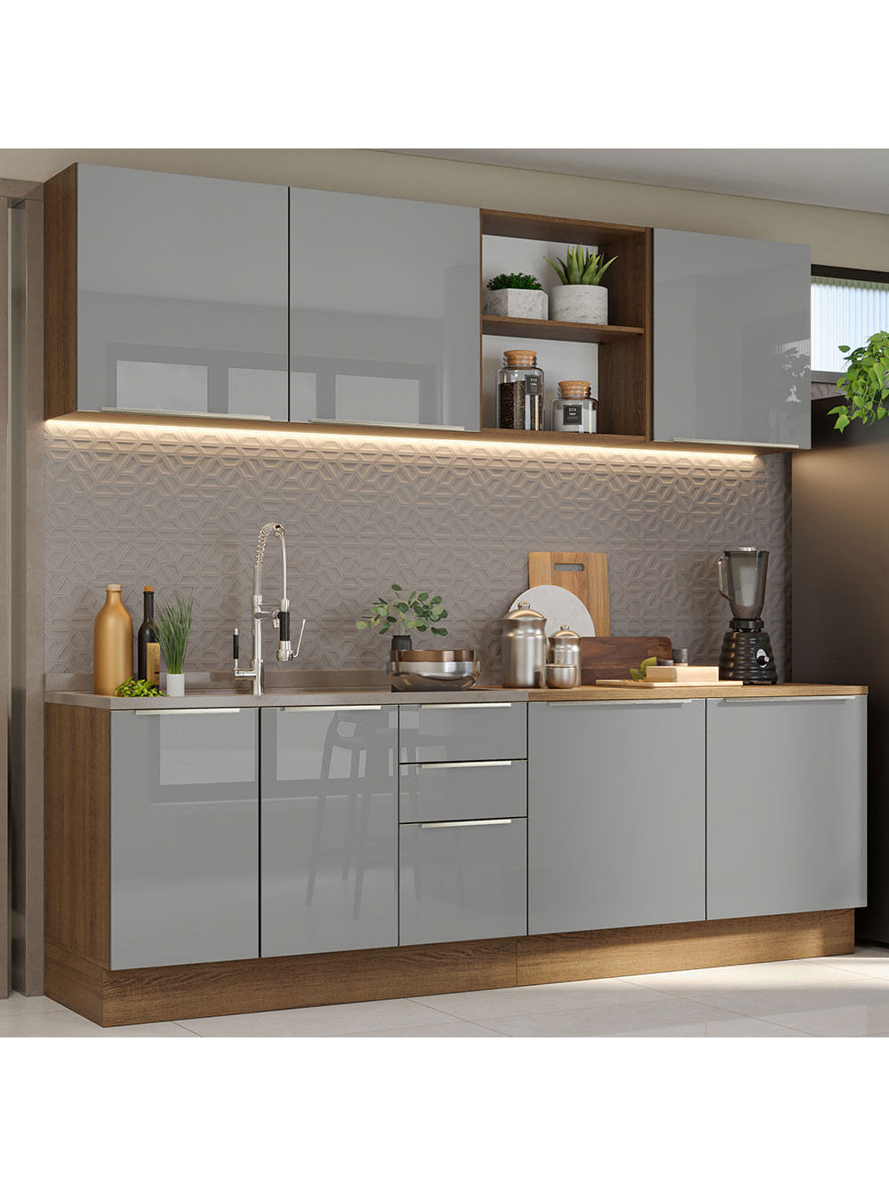 Armário de Cozinha Completa 240cm Rustic/Cinza Lux Madesa 05 - Rustic/Cinza