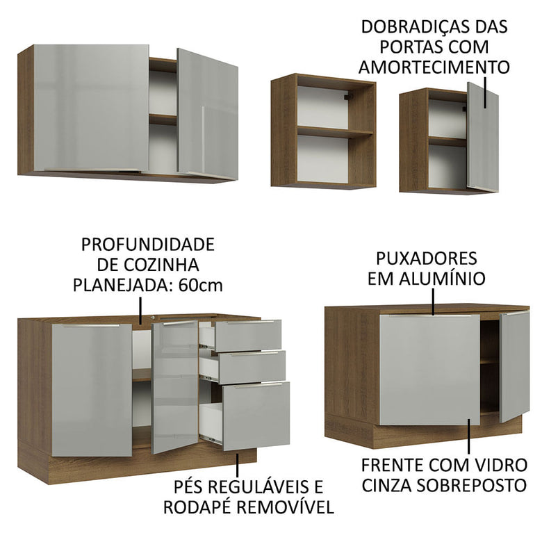 Armário de Cozinha Completa 240cm Rustic/Cinza Lux Madesa 05