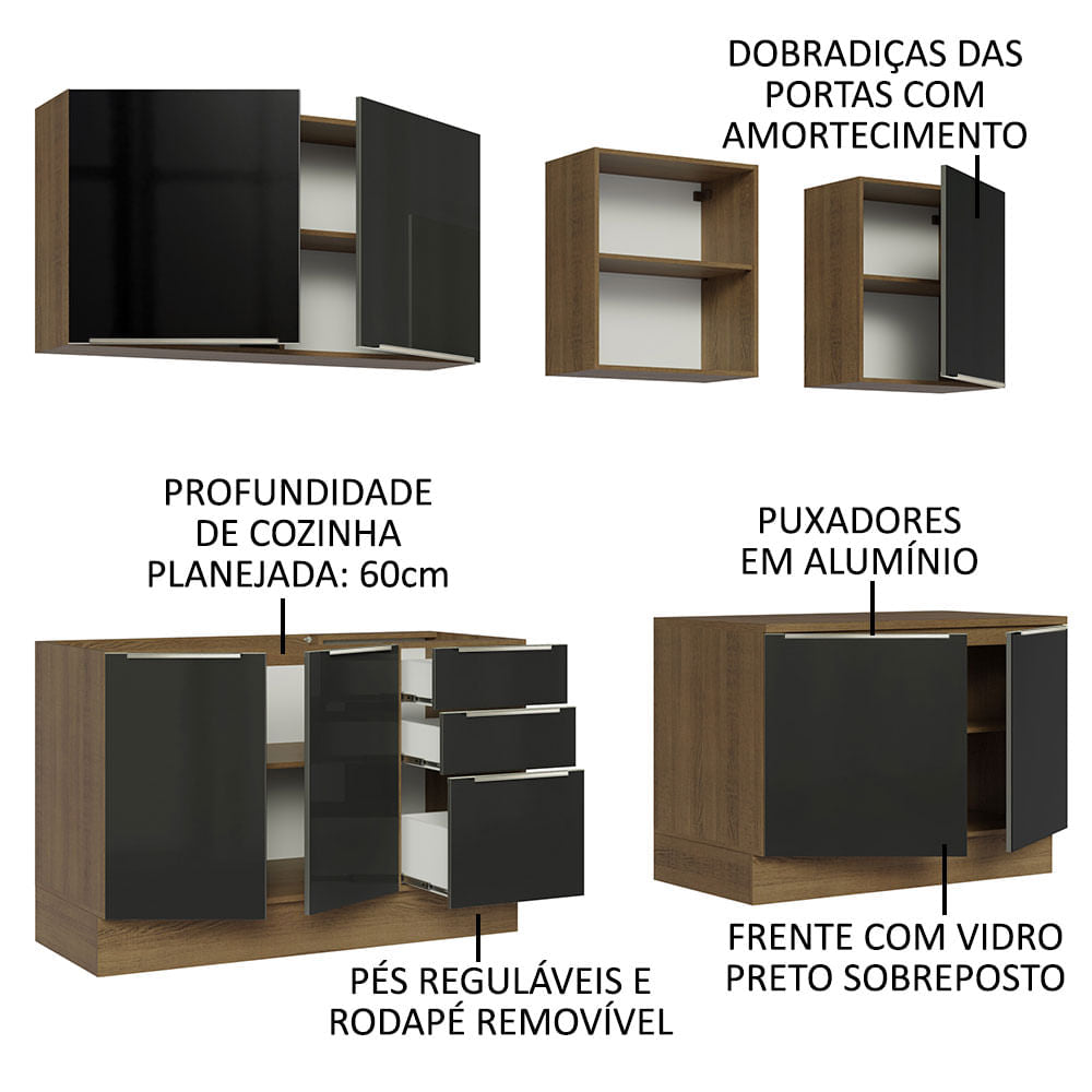 Armário de Cozinha Completa 240cm Rustic/Preto Lux Madesa 05