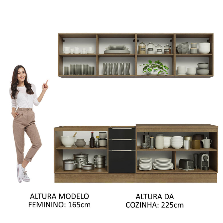 Armário de Cozinha Completa 240cm Rustic/Preto Lux Madesa 05