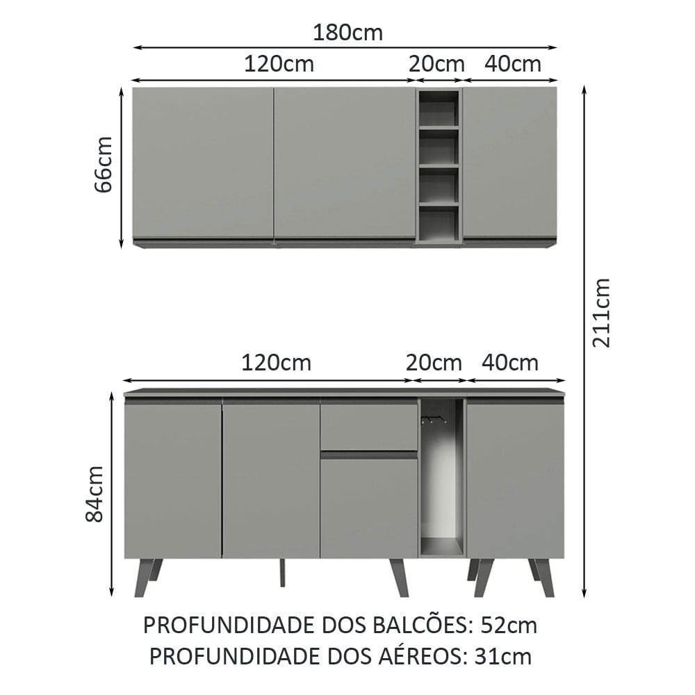 Armário de Cozinha Completa 180cm Cinza Nice Madesa 01