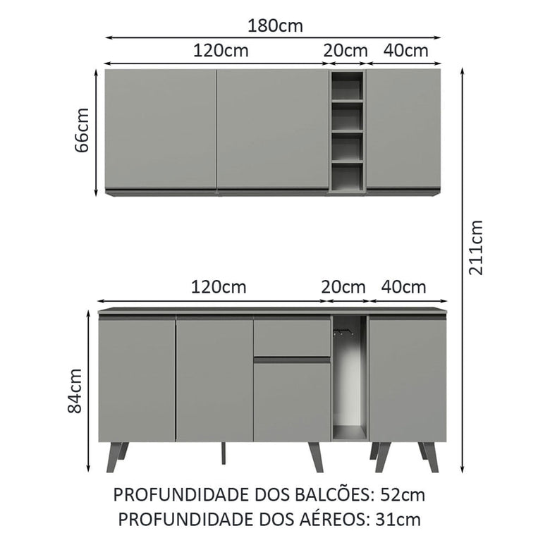 Armário de Cozinha Completa 180cm Cinza Nice Madesa 01