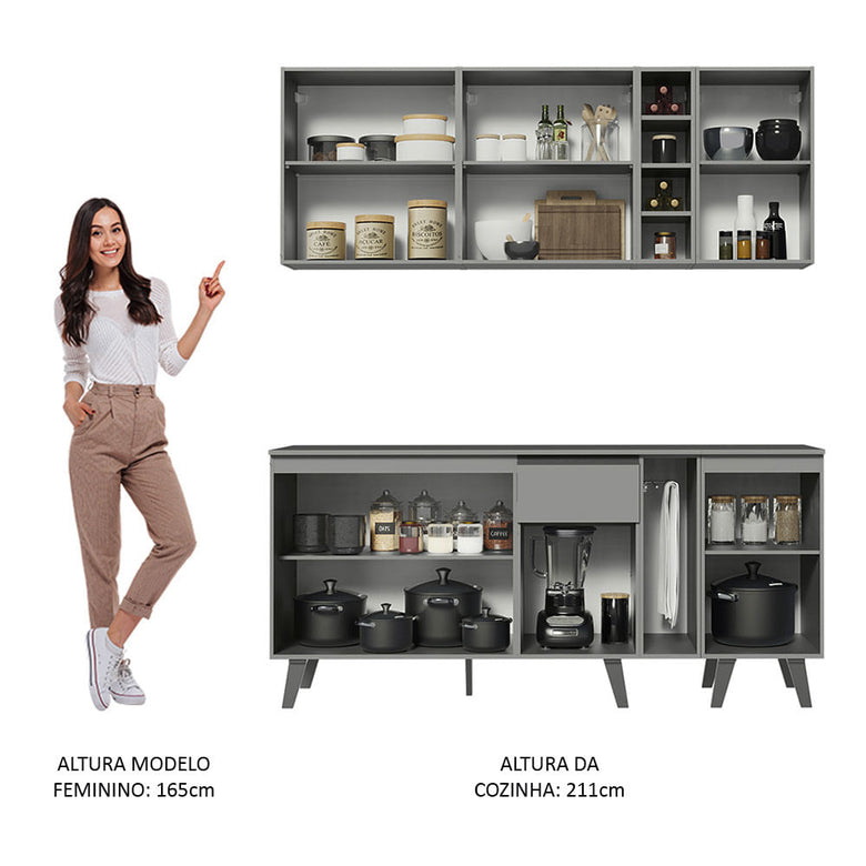 Armário de Cozinha Completa 180cm Cinza Nice Madesa 01