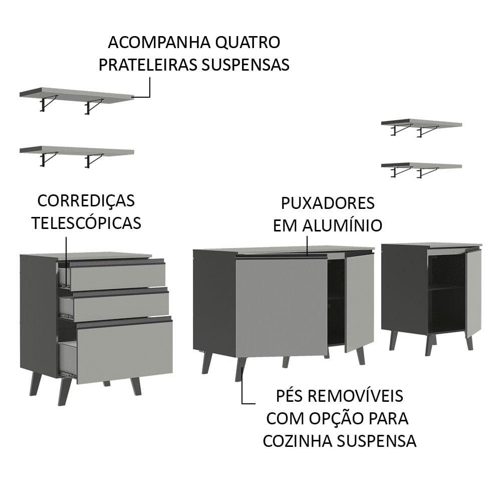 Armário de Cozinha Compacta 240cm Cinza Nice Madesa 01