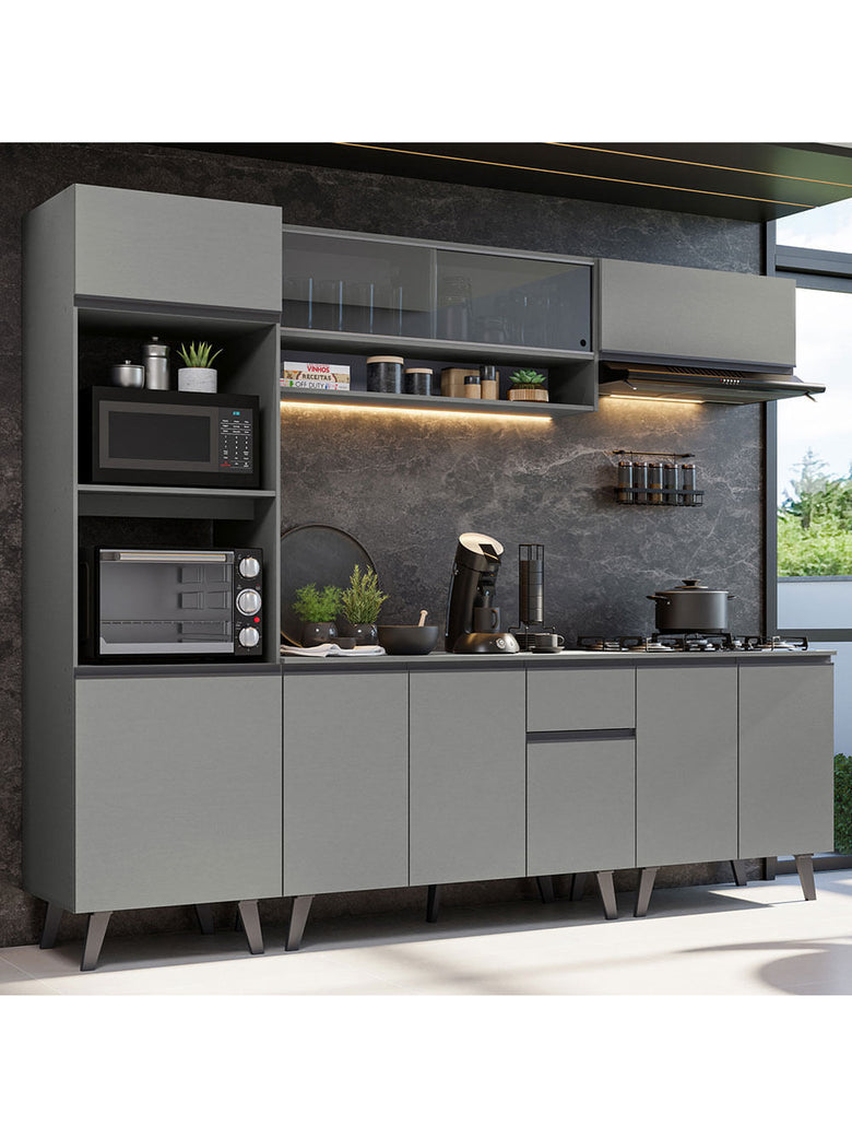 Armário de Cozinha Completa 260cm Cinza Nice Madesa 01