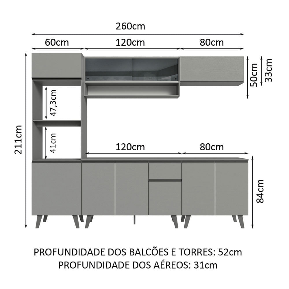 Armário de Cozinha Completa 260cm Cinza Nice Madesa 01