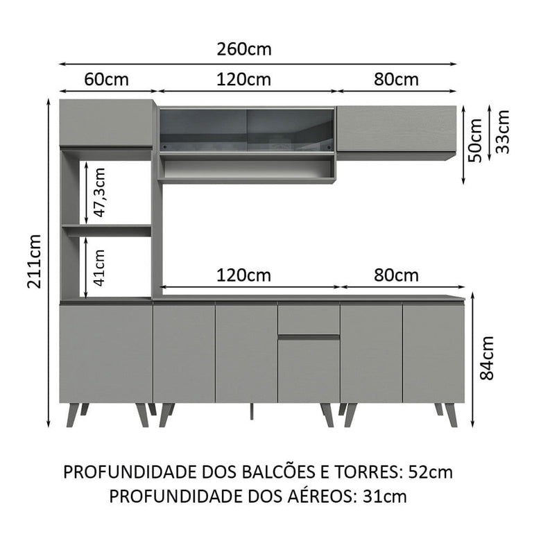 Armário de Cozinha Completa 260cm Cinza Nice Madesa 01