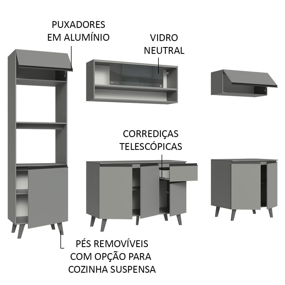 Armário de Cozinha Completa 260cm Cinza Nice Madesa 01