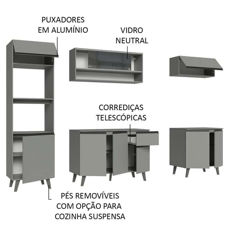 Armário de Cozinha Completa 260cm Cinza Nice Madesa 01