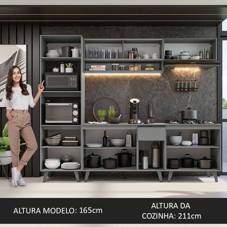Armário de Cozinha Completa 260cm Cinza Nice Madesa 01