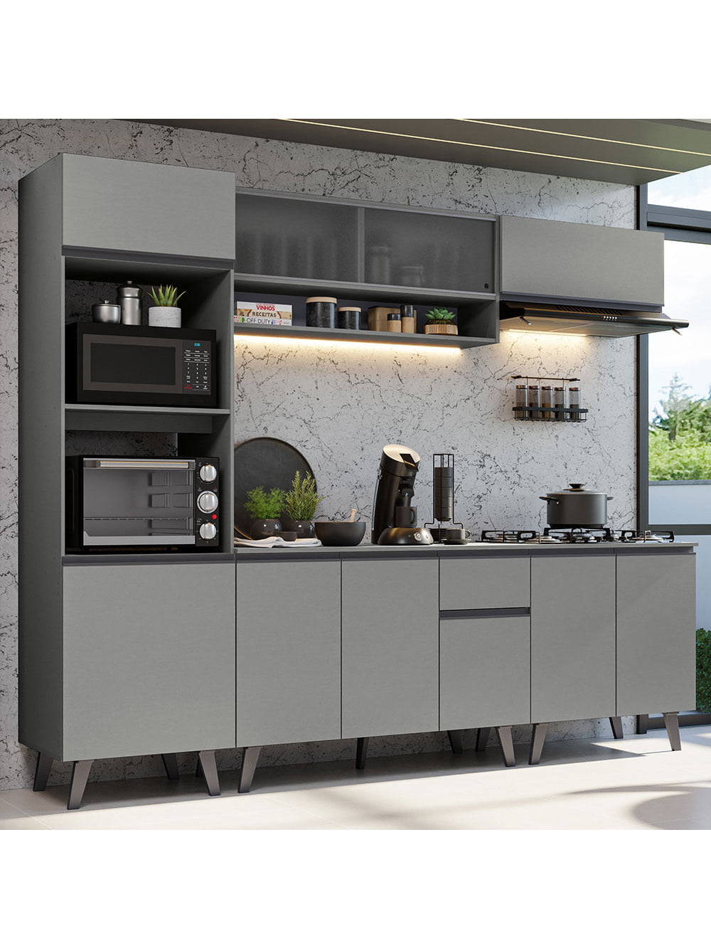 Armário de Cozinha Completa 260cm Cinza Nice Madesa 02 - Cinza
