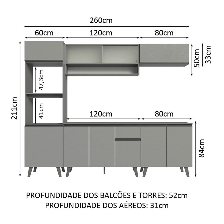 Armário de Cozinha Completa 260cm Cinza Nice Madesa 02
