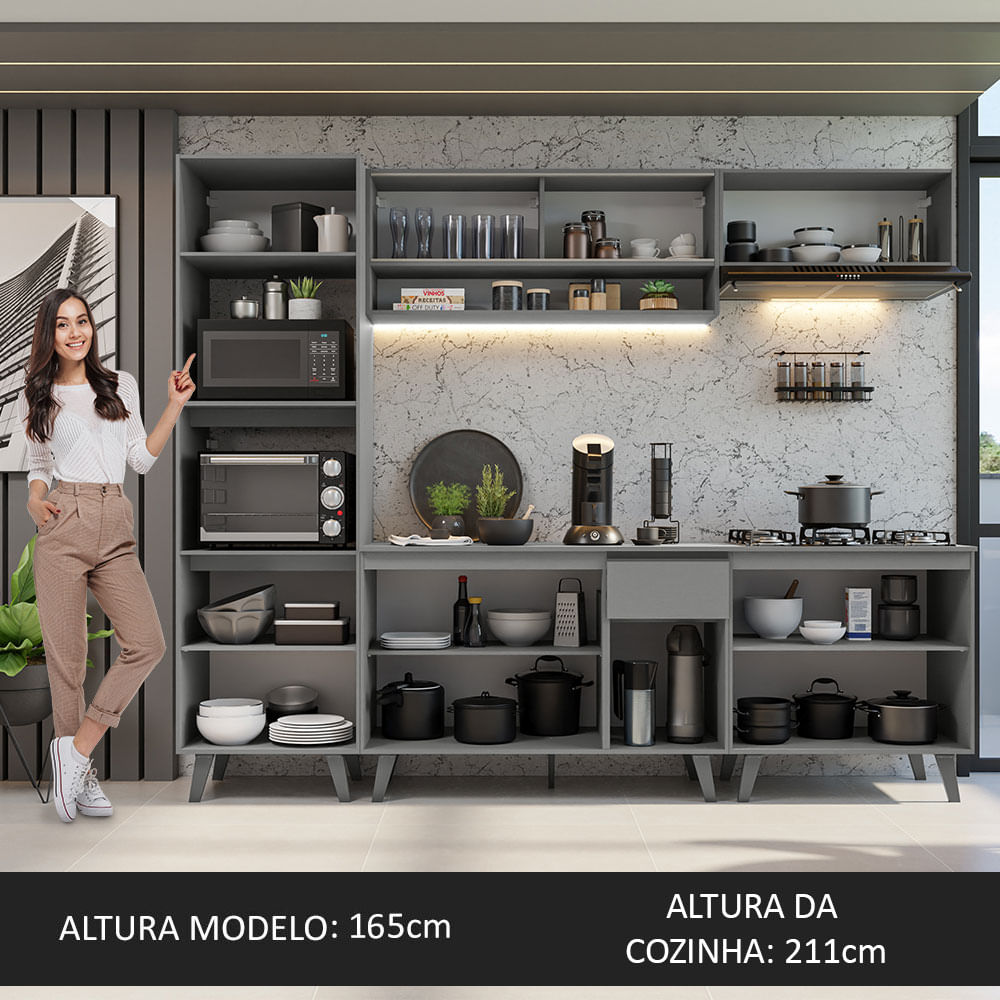 Armário de Cozinha Completa 260cm Cinza Nice Madesa 02