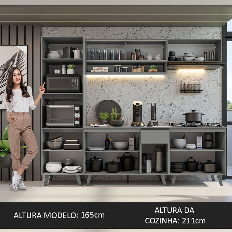 Armário de Cozinha Completa 260cm Cinza Nice Madesa 02
