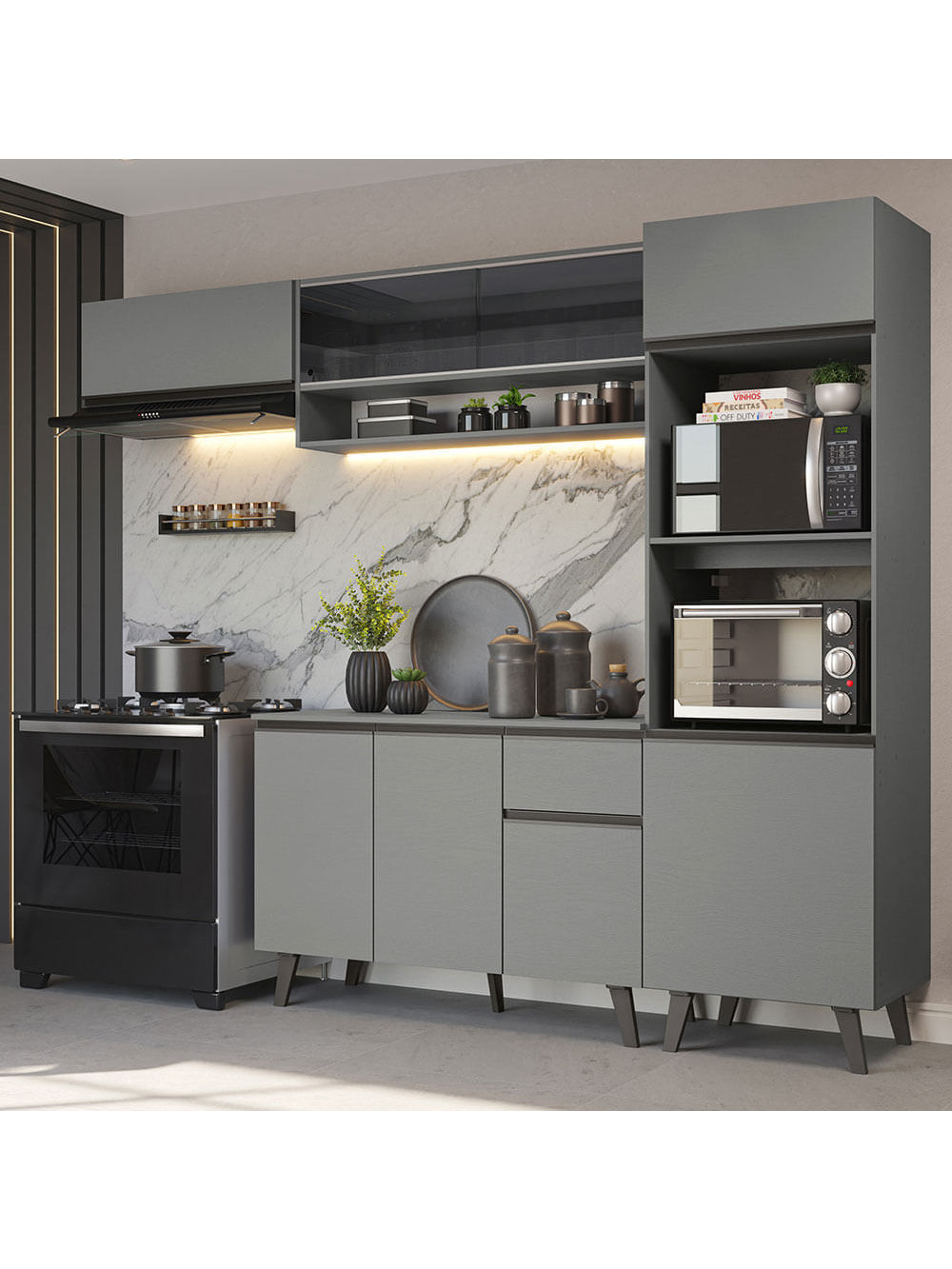 Armário de Cozinha Completa 260cm Cinza Nice Madesa 03 - Cinza