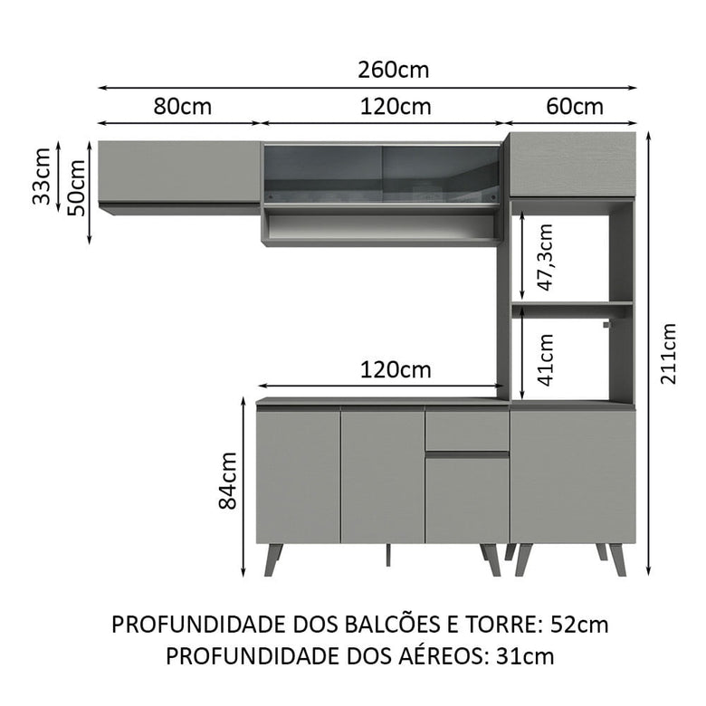 Armário de Cozinha Completa 260cm Cinza Nice Madesa 03