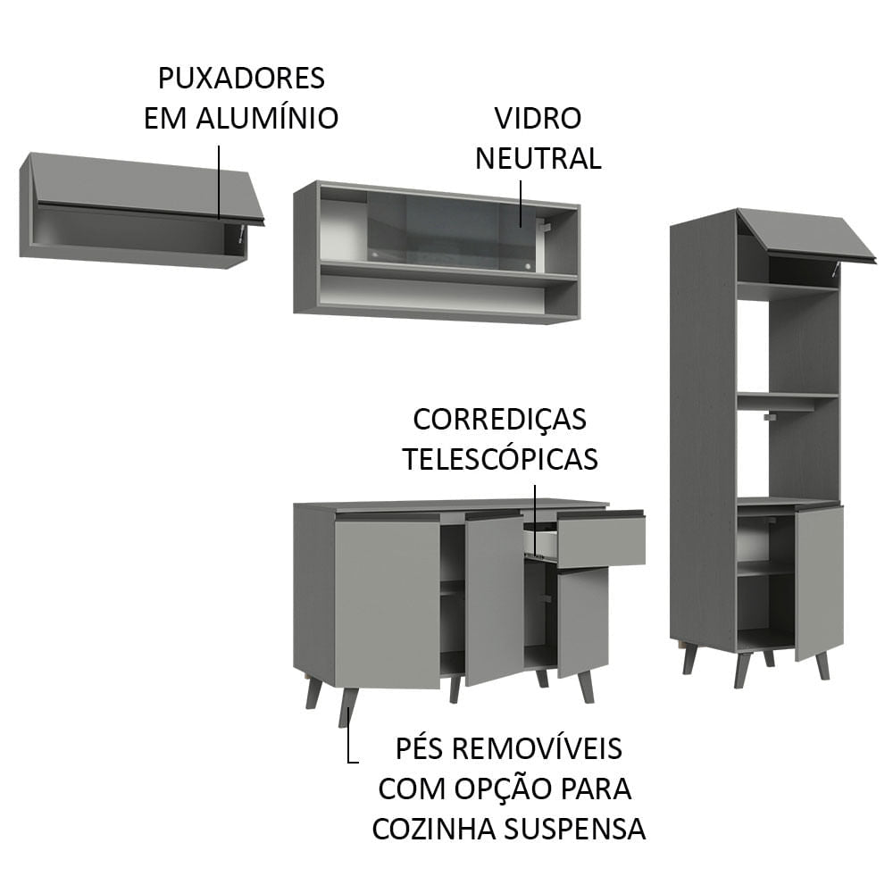 Armário de Cozinha Completa 260cm Cinza Nice Madesa 03
