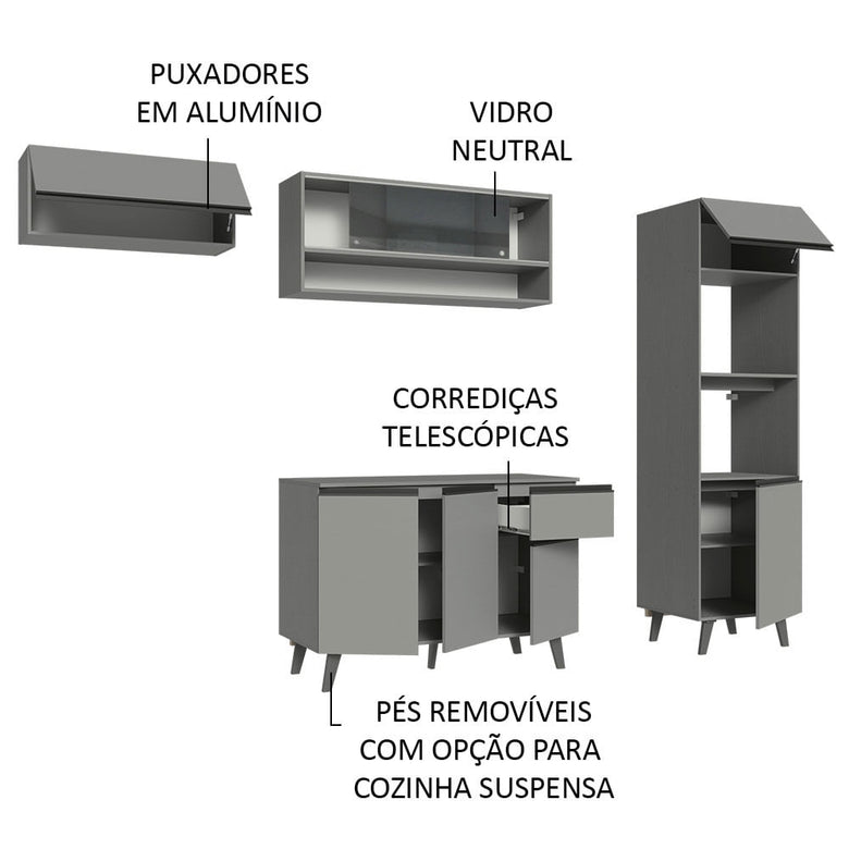 Armário de Cozinha Completa 260cm Cinza Nice Madesa 03
