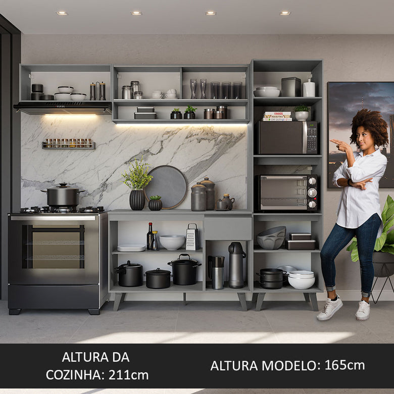 Armário de Cozinha Completa 260cm Cinza Nice Madesa 03