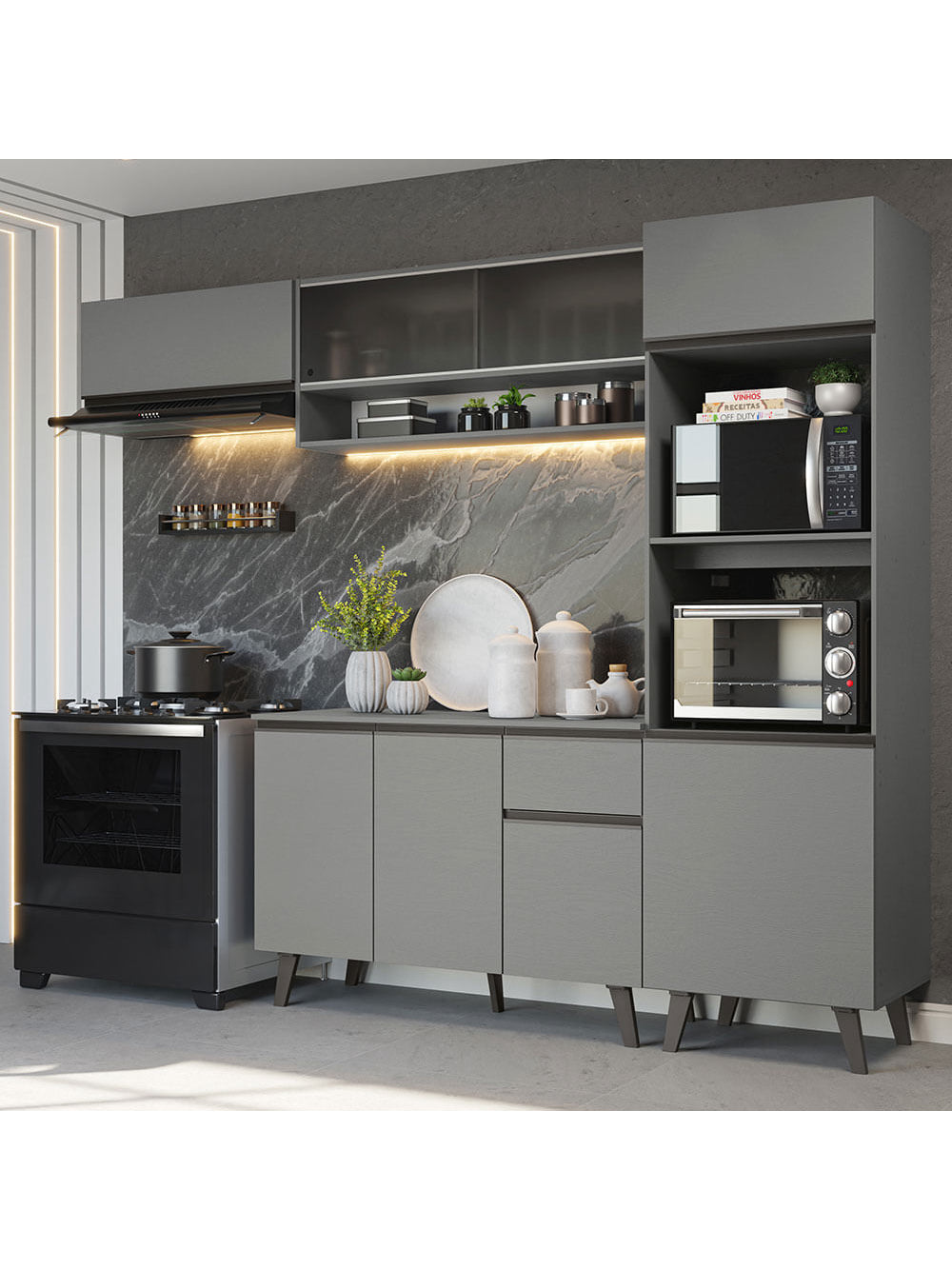 Armário de Cozinha Completa 260cm Cinza Nice Madesa 04 - Cinza