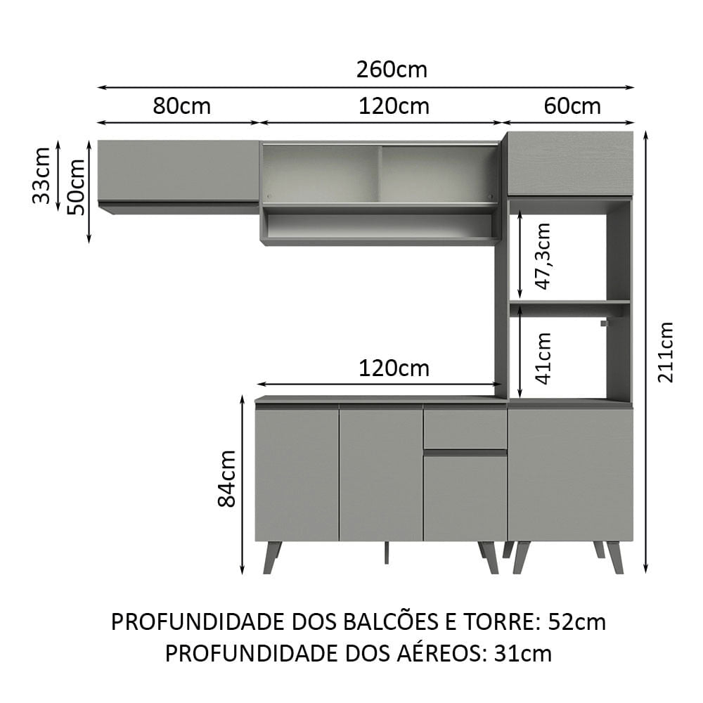 Armário de Cozinha Completa 260cm Cinza Nice Madesa 04