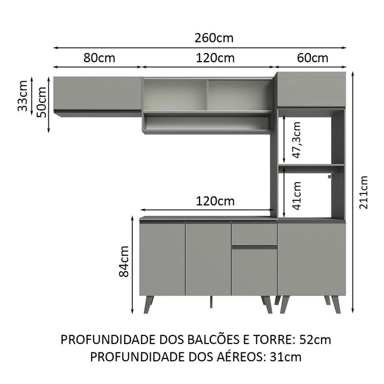 Armário de Cozinha Completa 260cm Cinza Nice Madesa 04