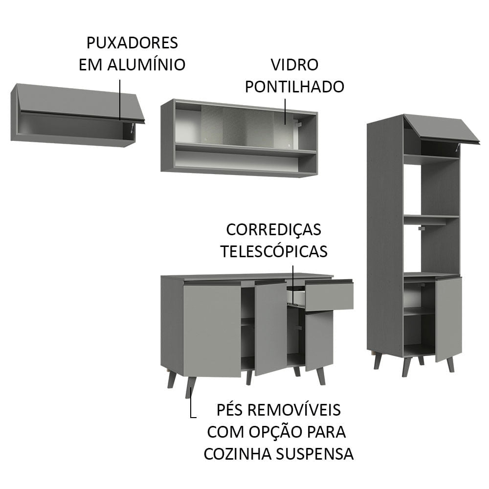 Armário de Cozinha Completa 260cm Cinza Nice Madesa 04