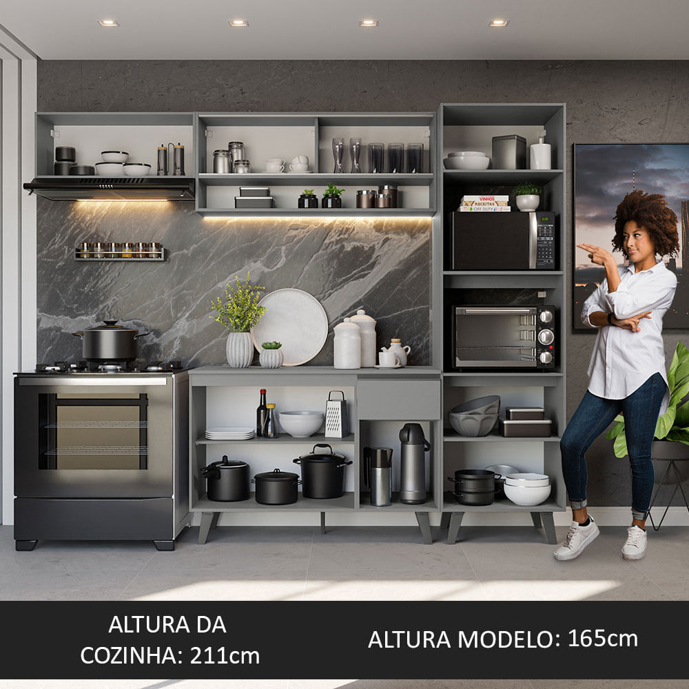 Armário de Cozinha Completa 260cm Cinza Nice Madesa 04
