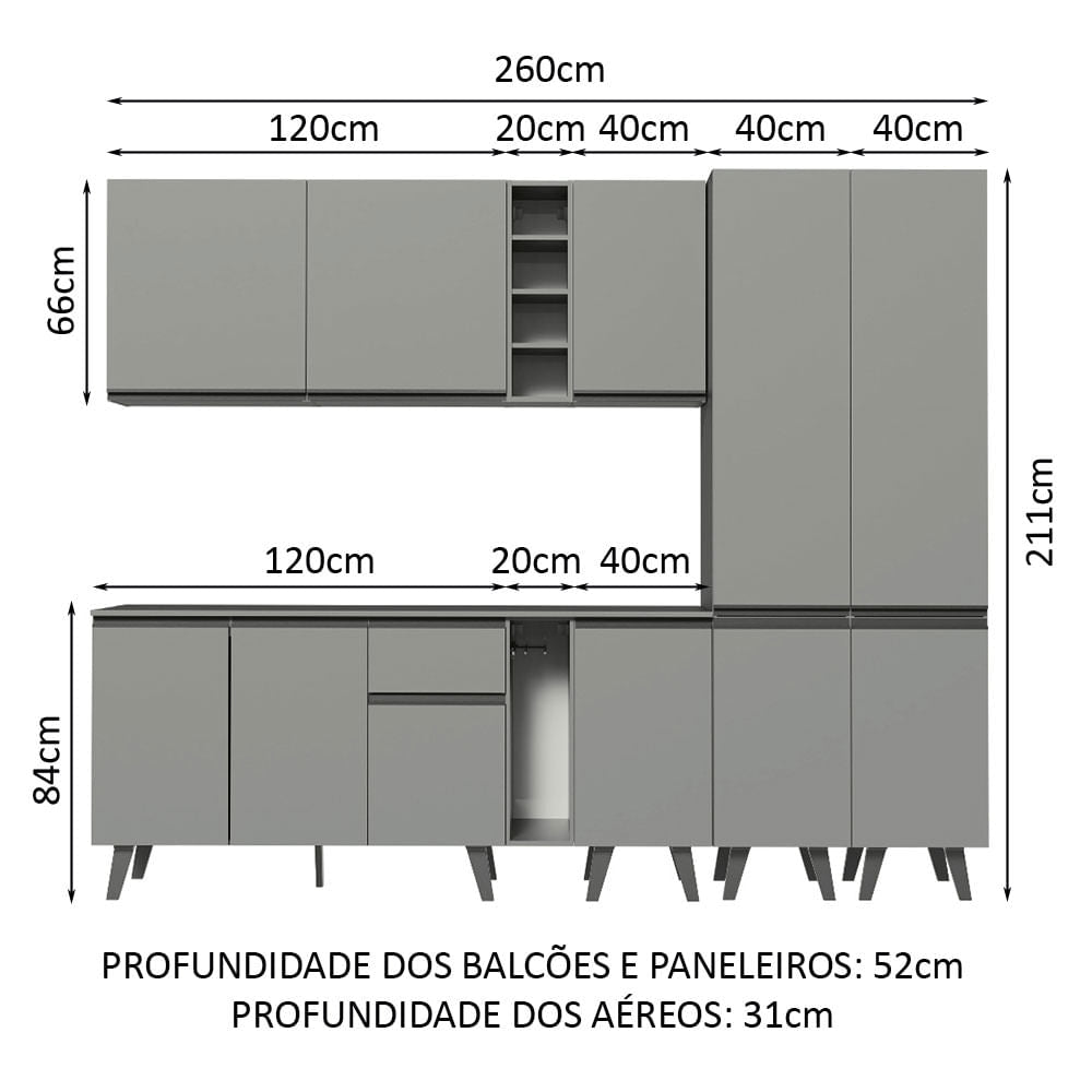 Armário de Cozinha Completa 260cm Cinza Nice Madesa 05