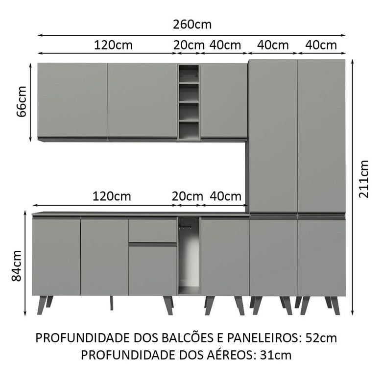 Armário de Cozinha Completa 260cm Cinza Nice Madesa 05