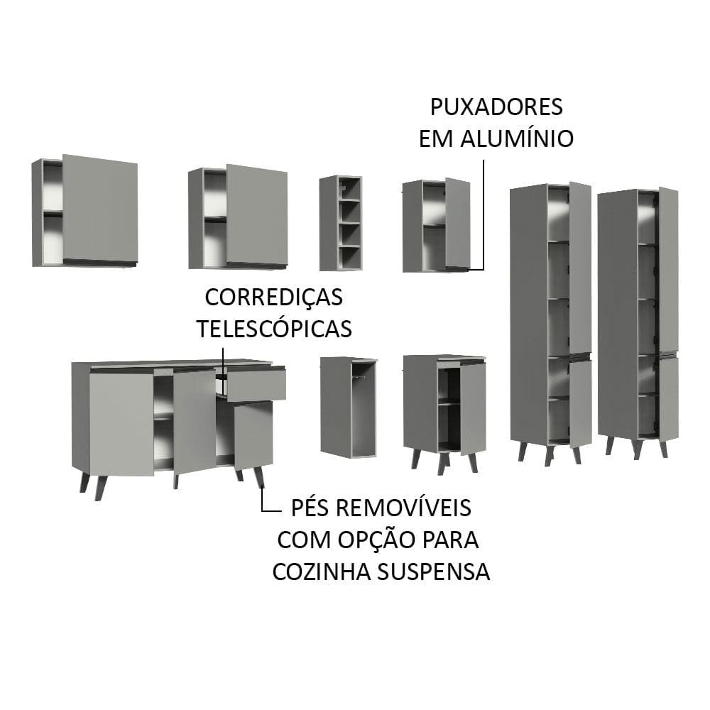 Armário de Cozinha Completa 260cm Cinza Nice Madesa 05