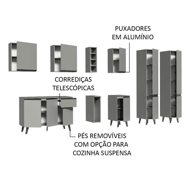 Armário de Cozinha Completa 260cm Cinza Nice Madesa 05