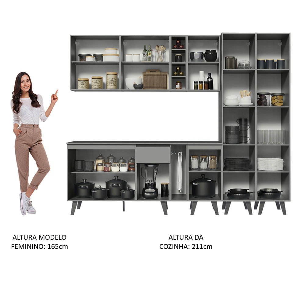 Armário de Cozinha Completa 260cm Cinza Nice Madesa 05
