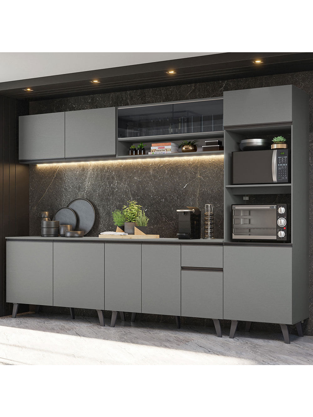 Armário de Cozinha Completa 300cm Cinza Nice Madesa 01 - Cinza