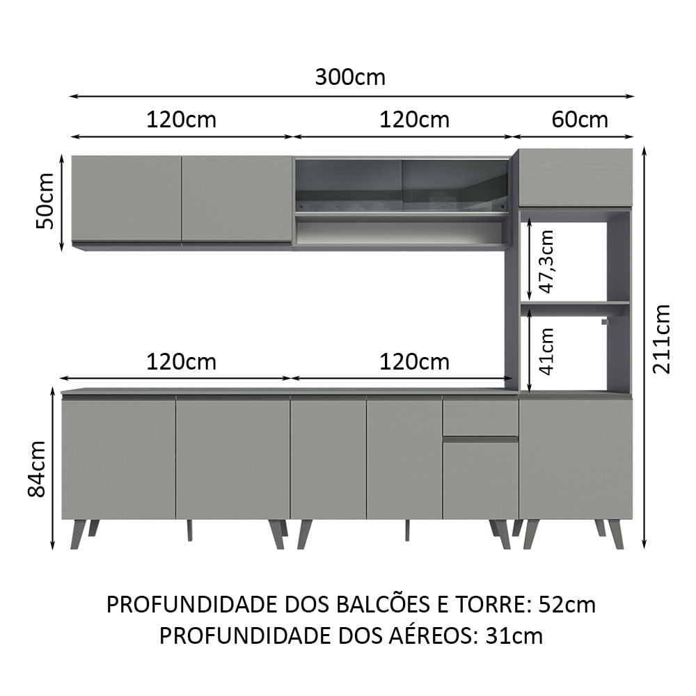 Armário de Cozinha Completa 300cm Cinza Nice Madesa 01