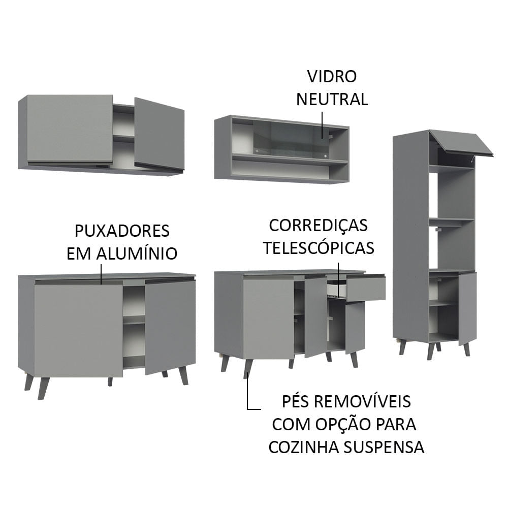 Armário de Cozinha Completa 300cm Cinza Nice Madesa 01
